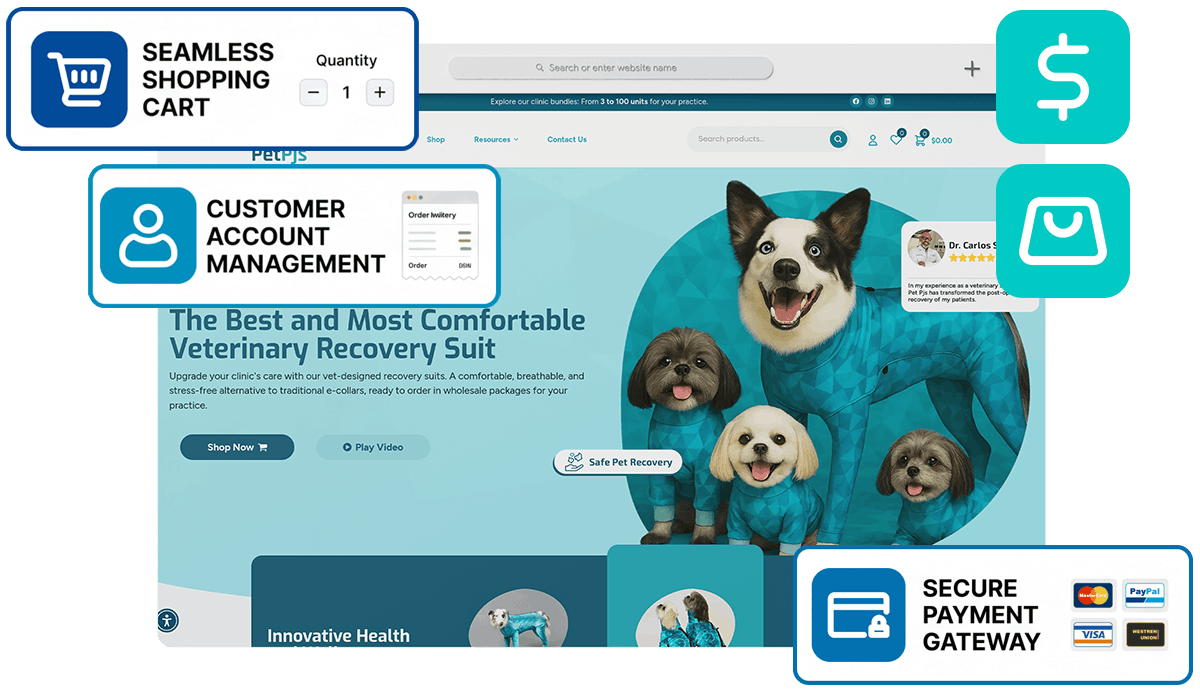 pet pjs ecommerce website screenshot with shop elements